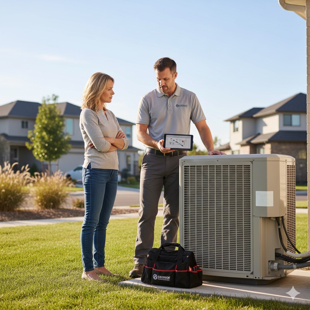 Technician explaining HVAC unit details to homeowner outdoors