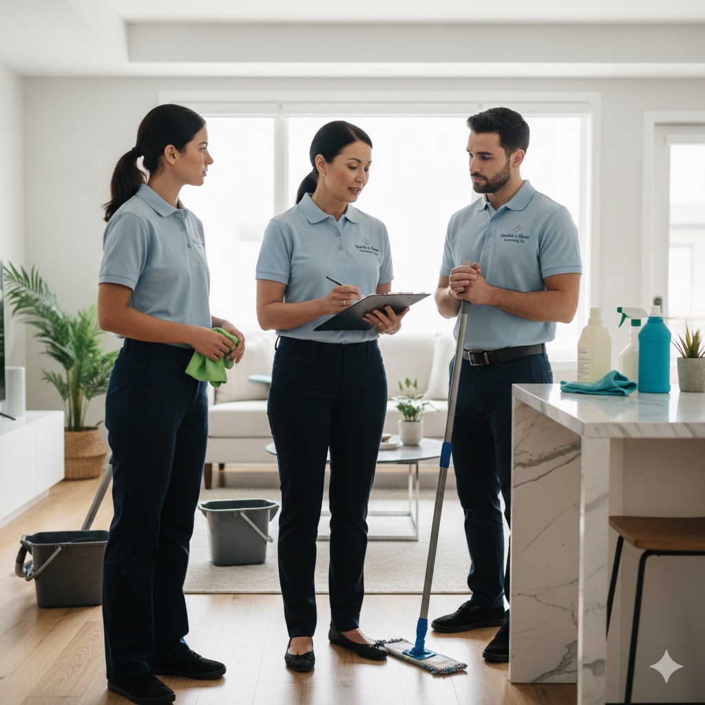 Professional cleaning team discussing tasks inside modern home